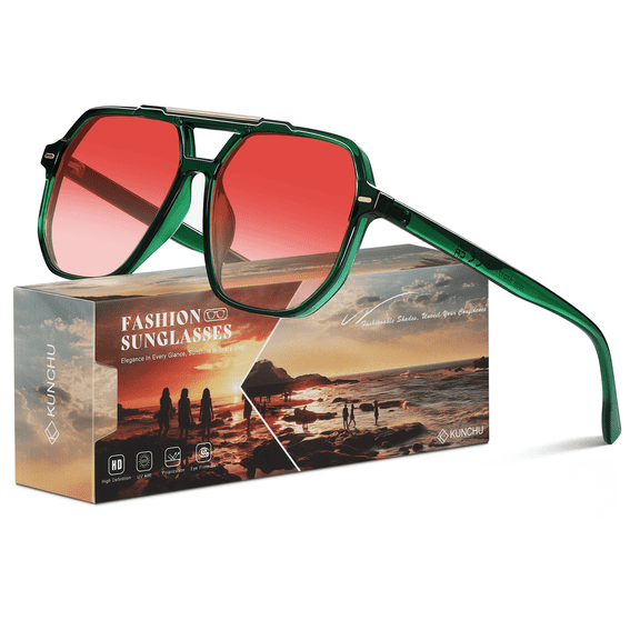 kunchu Retro Aviator Sunglasses for Women Men Trendy Square Frame With UV Protection 90s Sun Glasses(Green/Gradient Red)