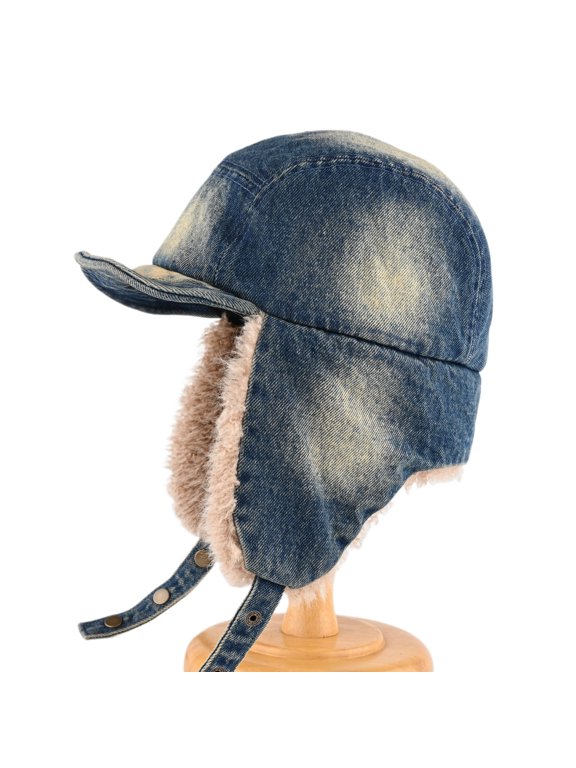Retro Aviator Winter Cap with Thick Fleece Lining, Warm Windproof Earflap Hat for Cold Weather, Classic Jean Bomber Flight Hat for Snow Ski,Motorcycle,Outdoor Riding, Thermal Insulated Warm Headwear
