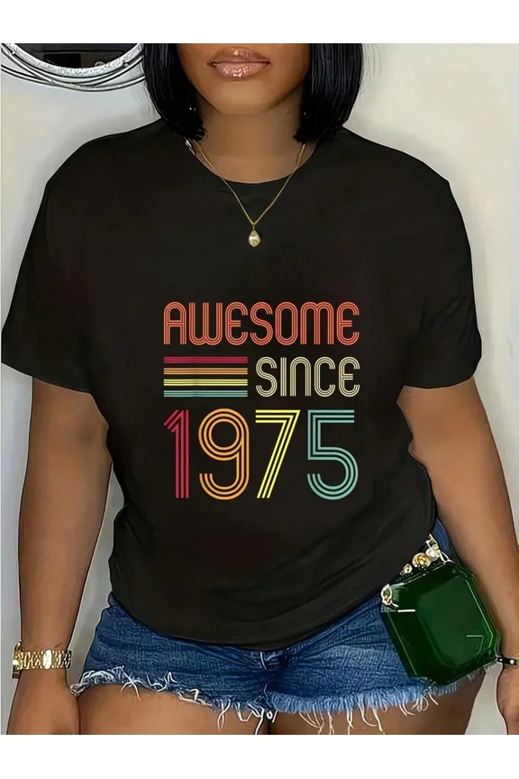Retro Awesome Since 1975 Women's Graphic T-Shirt Vintage 49th Birthday Gift Idea Short Sleeve Black Tee Classic Fit