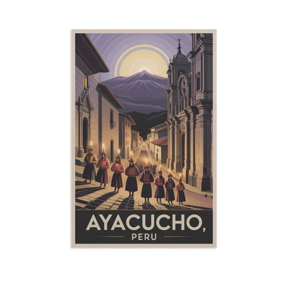 Retro Ayacucho Peru Travel Poster with Candlelight Procession And Sunset Sky Print Poster