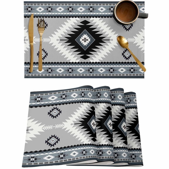 Retro Aztec Color Block Placemats Set of 4,Wipeable Washable Table Mats for Dining Tables,Ethnic Style Place Mats for Kitchen Event Party Tabletop Decor