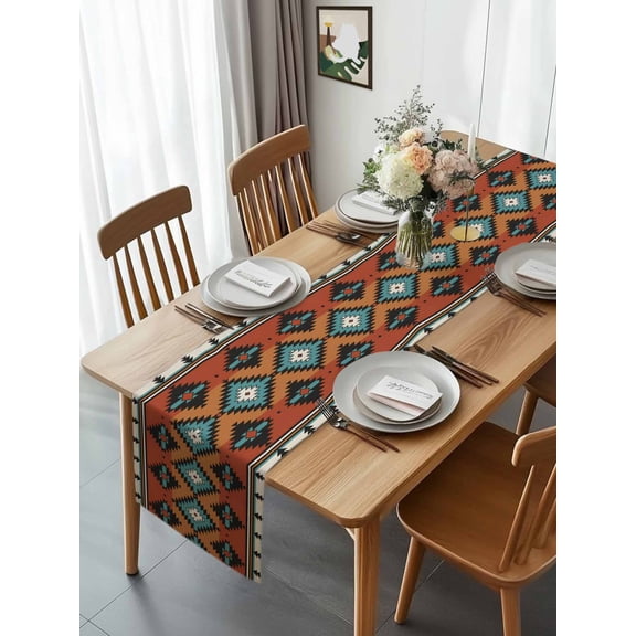 Retro Aztec Ethnic Geometric Table Runner 13x70in Non-Slip Cotton Linen Table Runners, Abstract Bohemian Tribal Totem Dresser Scarves TableRunner for Dinner Kitchen Dining Wedding Party