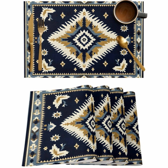 Retro Aztec Ethnic Style Placemats Set of 4,Wipeable Washable Table Mats for Dining Tables,Abstract Geometric Stripes Place Mats for Kitchen Event Party Tabletop Decor