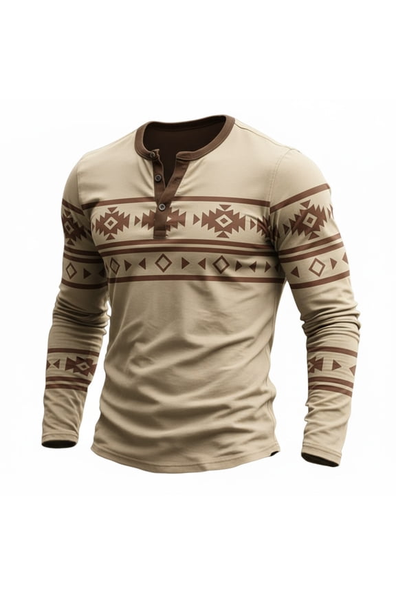 Retro Aztec Geometric Print Long Sleeve T Shirts for Men Casual Top Outdoor Activities Henley Collar Khaki XXXXL
