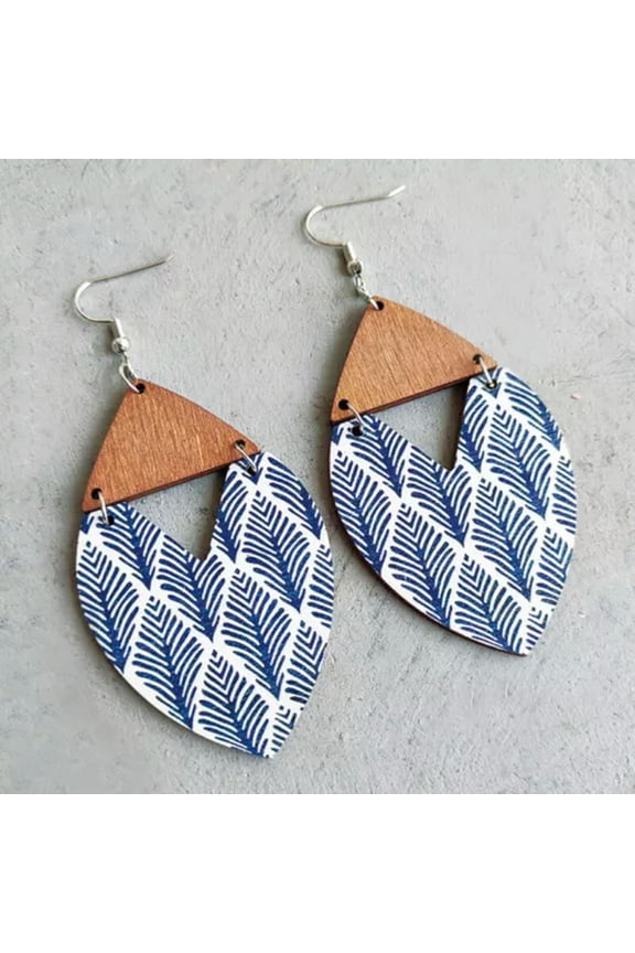 Retro Aztec Pattern Geometric Triangle Leaf Wood Southwest Ethnic Earrings