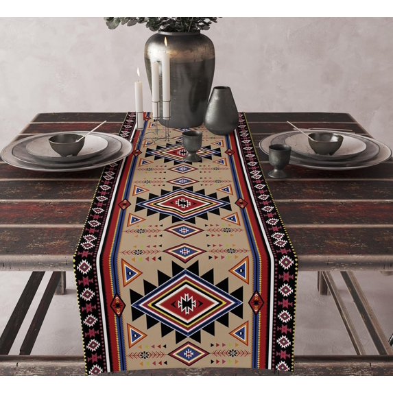 Retro Aztec Table Runner, Vintage Navajo Nation Tribal Style Abstract Geometric Boho Print Table Runner for Kitchen Dining Room Party Table Decor13.8x108in