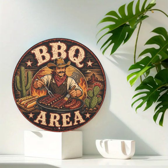 Retro BBQ Area Round Metal Tin Sign For Grill Station Wall Decor 8x8 Inch Round