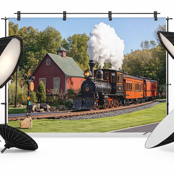 Retro Backdrop for Photography, Train Motor Vehicle Building Sky Grass Country Scenery Photo Backdrop Portrait Background Party Banner Photo Backgrounds for Studio Booth Props, 12x8ft