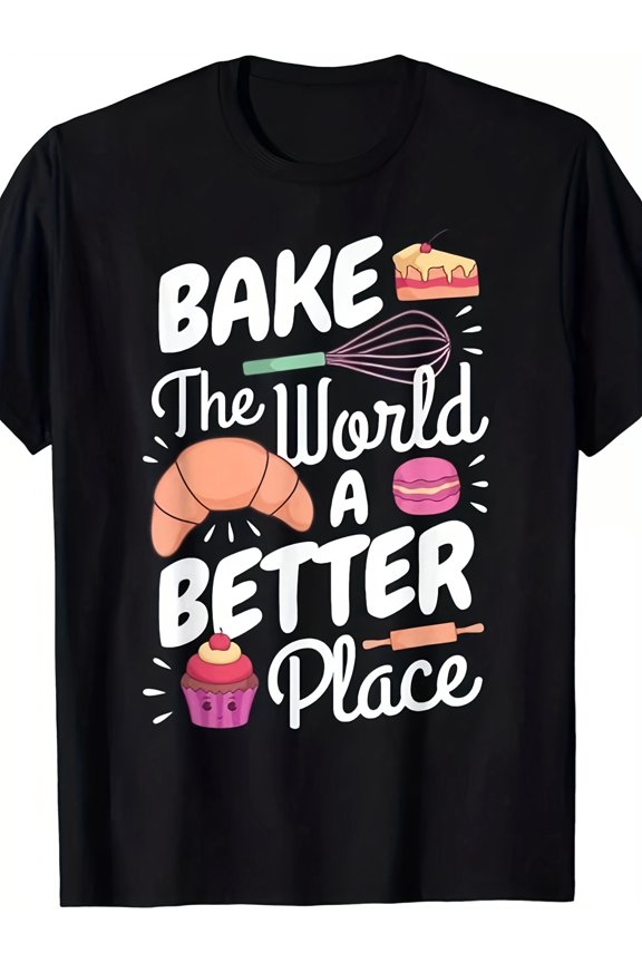 Retro Baking Chef Graphic Tee: "Bake The World A Better Place" - Unisex Crew Neck T-Shirt with Cupcake, Donut & Pastry Design for Bakers & Baking Enthusiasts