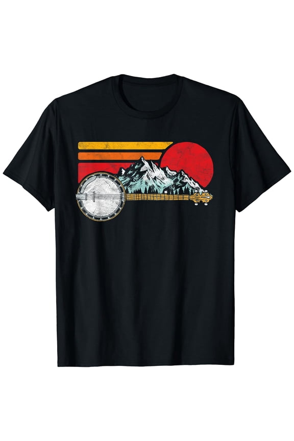 Retro Banjo Mountains 80's Graphic Vintage Mens Black Casual T-Shirt