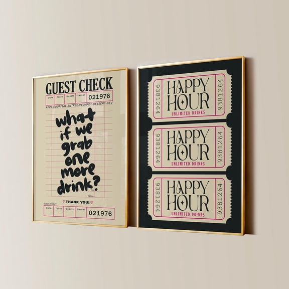 Retro Bar Cart Prints Happy Hour Ticket and Guest Check Set 2 Unframed Paper Print 8x12
