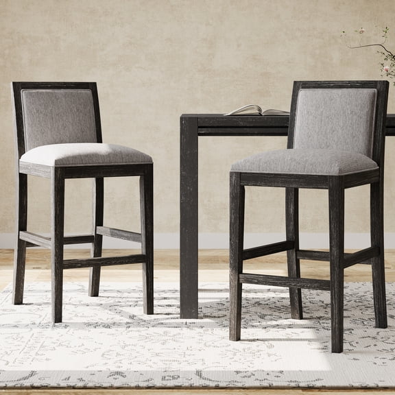 2 Retro Bar Stools with Grey Fabric and Black Distressed Rubberwood Legs - Versatile for Various Rooms, Durable and Comfortable