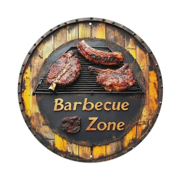 Retro Barbecue Zone Round Tin Sign Vintage Metal Poster Living Room Bar Man Cave Home Wall Art Decor 8x8inch