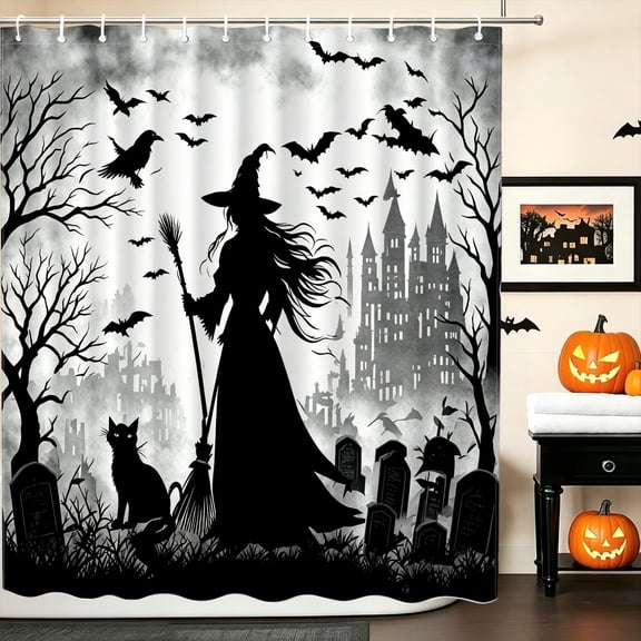 Retro Bare Tree Witch Shadow Shower Curtain, 70.8x70.8 Inch, Double Sided 2D Print Halloween Bathroom Decor