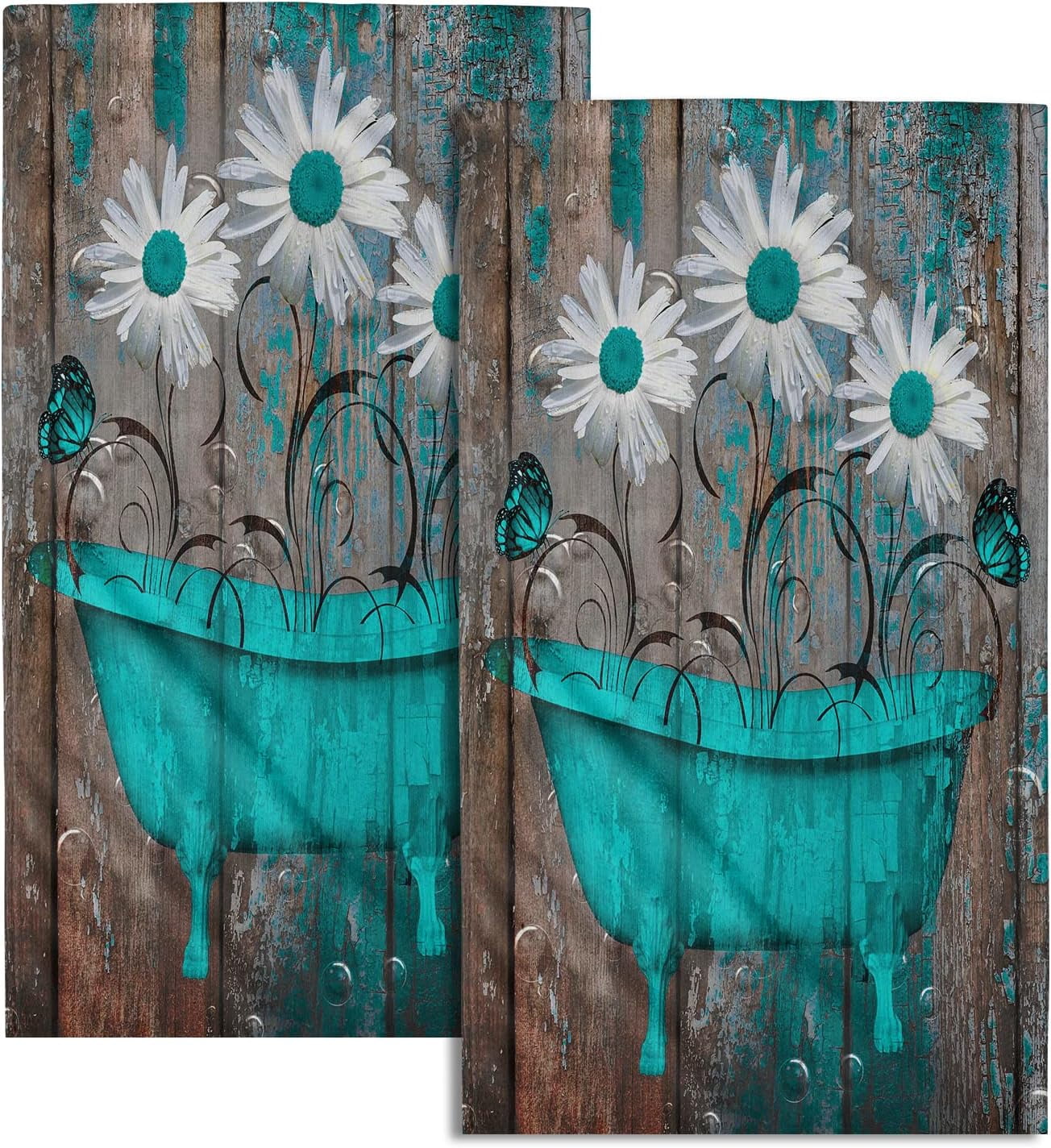 Retro Barn Teal Green Brown Floral Hand Towels  Daisy Turquoise Butterfly Fingertip Towel Set Rustic Wooden Kitchen Decor Dish Towels for Bathroom, Hotel, Gym,Spa