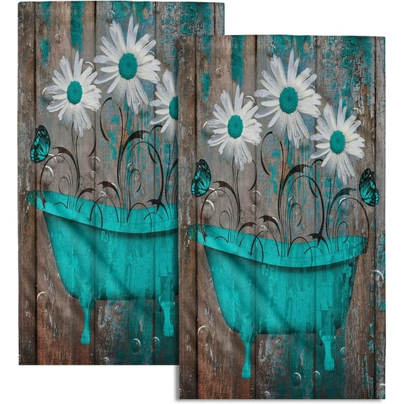 Retro Barn Teal Green Brown Floral Hand Towels  Daisy Turquoise Butterfly Fingertip Towel Set Rustic Wooden Kitchen Decor Dish Towels for Bathroom, Hotel, Gym,Spa