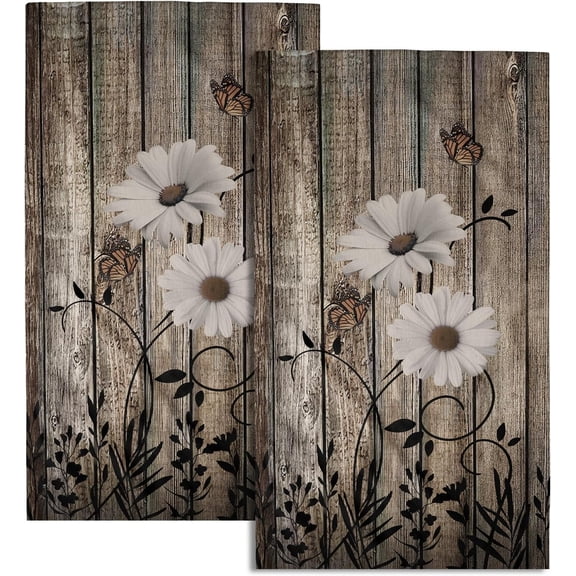 Retro Barn White Daisy Hand Towels Rustic Flower Butterfly Dark Brown Wooden Farmhouse Absorbent Kitchen Towels Spring Vintage Sunflower Floral Quick Dry Microfiber Dish Towels For Kitchen Face Towel