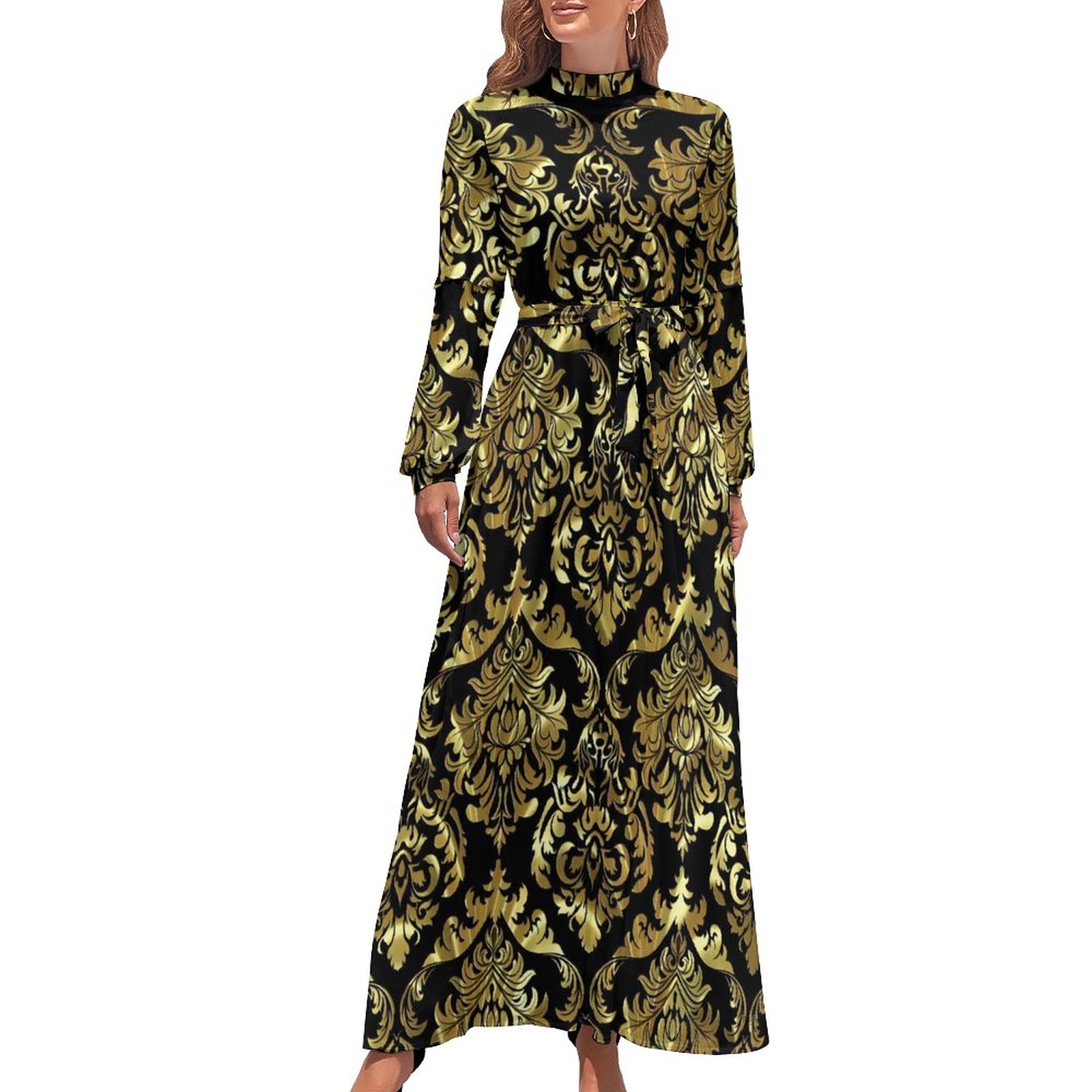 Retro Baroque Print Dress Long-Sleeve Flourish Damask Elegant Maxi ...