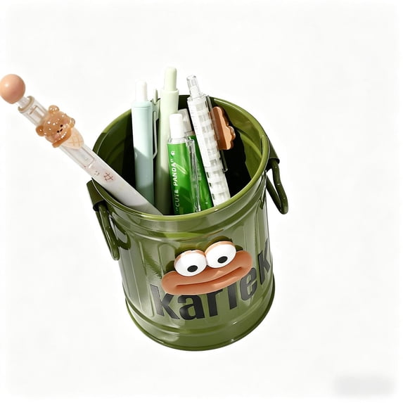 Retro Barrel Pen Holder with 2 Handles, Metal Pencil Holder Pen Cup, Makeup Brush Holder, Cute Pen Organizer for Desk Office Home, Green