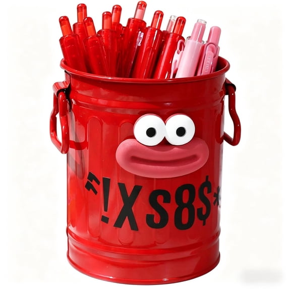 Retro Barrel Pen Holder with 2 Handles, Metal Pencil Holder Pen Cup, Makeup Brush Holder, Cute Pen Organizer for Desk Office Home, Red