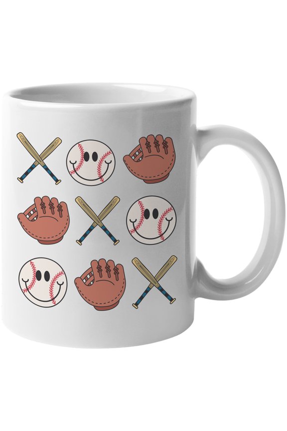 Retro Baseball Bats, Gloves & Smiling Balls Art Merch Gift, White 11oz Ceramic Mug
