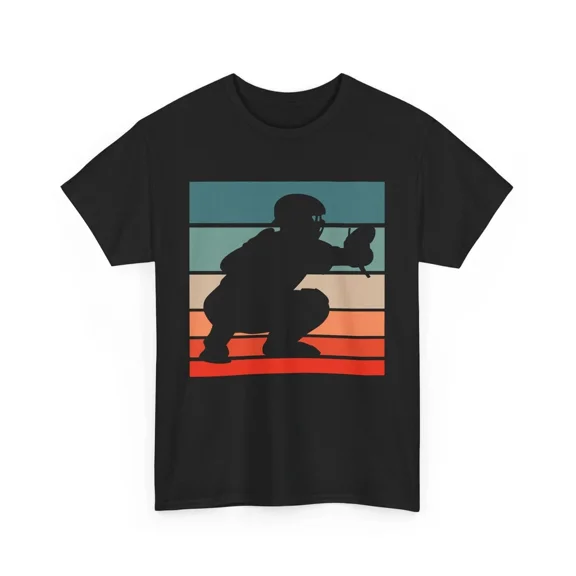 Retro Baseball Catcher Silhouette Vintage Stripes Sports Unisex T-Shirt, Size S-5XL