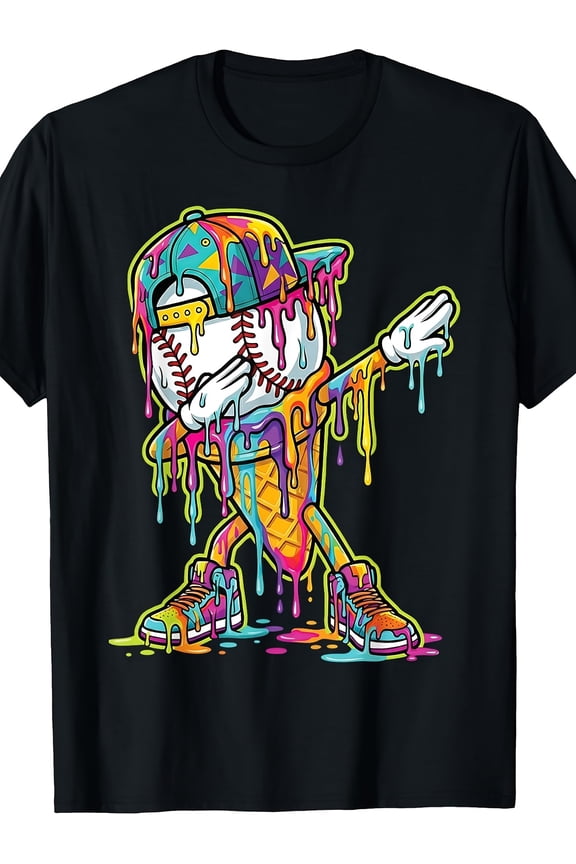 Retro Baseball Drip T-Shirt - Ice Cream Dripping Graphic & Suitable for - Wear, Round Neck Casual Streetwear with Dabbing, Machine Washable Apparel for Outfits and Everyday Style
