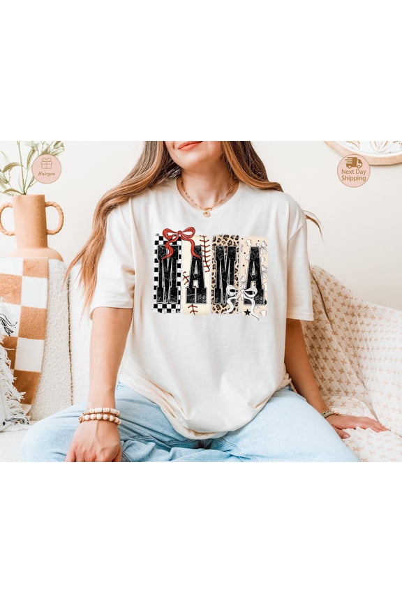 Retro Baseball Mama Shirt Sports Mom Leopard Checkered Tshirt Coquette Bow Game Day Sweater T-Shirt