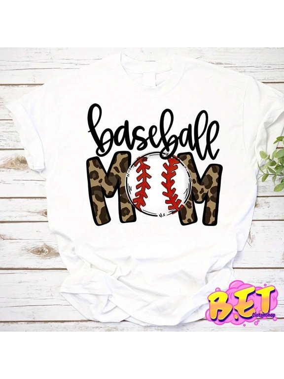 Retro Baseball Mom Graphic T-Shirt Leopard Print Mothers Day Game Day Sporty Cute Funny Womens Casual White Top Apparel