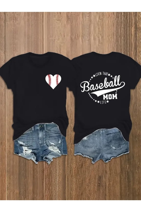 Retro Baseball Mom Life Women's Graphic T-Shirt Cute Heart Sports Fan Game Day Short Sleeve Tee
