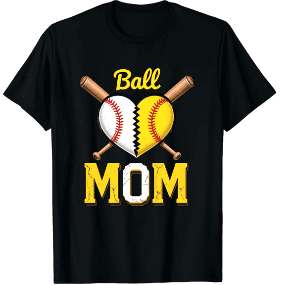 Retro Baseball Softball Mom Heart Graphic Tee - Funny Sports Mother's Day T-Shirt for Women - Vintage Crossed Bats Athletic Apparel