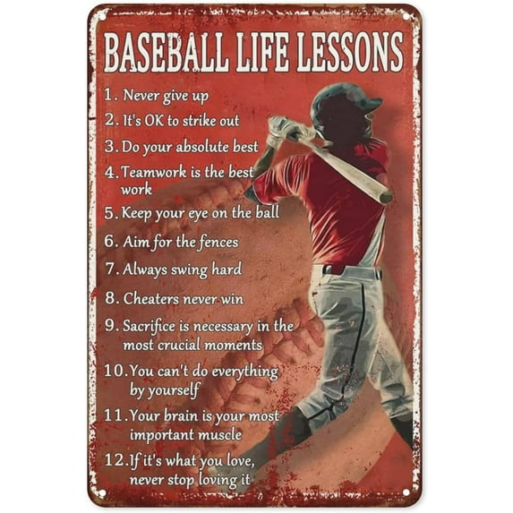 Retro Baseball Tin Sign Vintage Baseball Decor For Boys Room Baseball Life Lessons Metal Signs Motivational Workout Baseball Sports Posters For Boys Bedroom Never Give Up Wall Art Decor 8x12 Inch