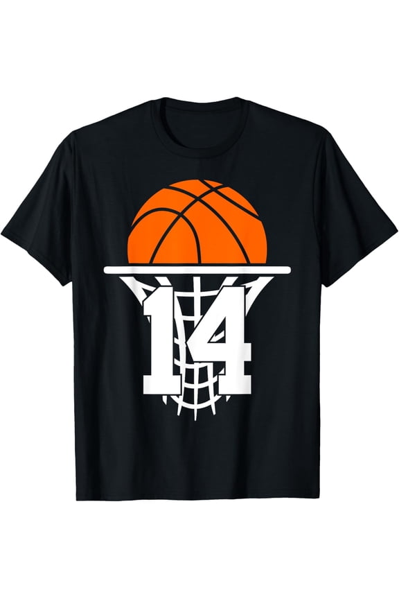 Retro Basketball Hoop Number 14 Graphic Tee - Sporty Athlete Jersey Style T-Shirt for Men and Women - Casual Streetwear Apparel