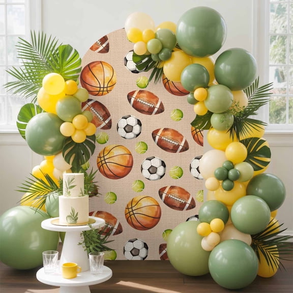 Retro Basketball Rugby Arch Backdrop Cover, 4FT, Soccer Tennis Brown Ball Sport Abstract Spandex Arch Covers Double-Sided Backdrop for Wedding Birthday Party Photo Background Decoration