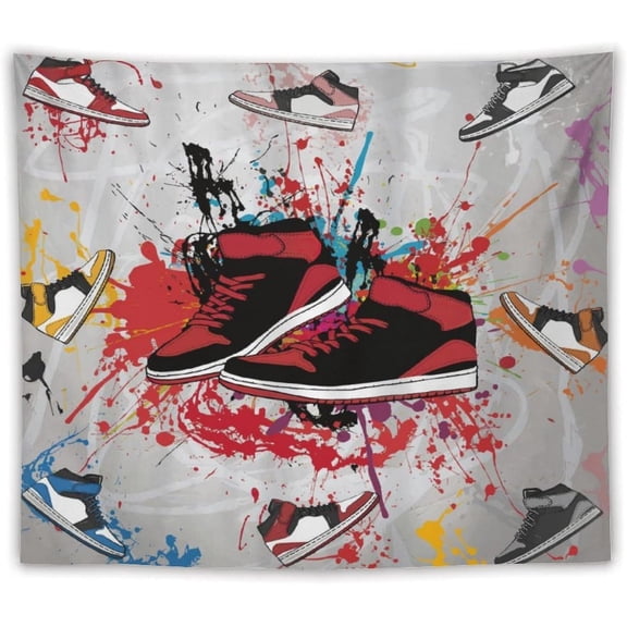 Retro Basketball Shoes Tapestry, Sneaker Decorations Backdrop Party Sports for Boys Kids Graffiti Colorful Fabric Wall Hanging Home Decor Art for Living Room Bedroom Dorm 40x30 In