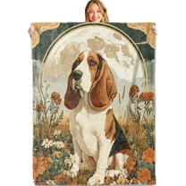 Retro Basset Hound Throw Blanket,60x50 Inch,Soft,Lightweight Flannel,Dog Portrait Moonlit Floral Blankets Romantic Gifts for Women Men,for Couch Office Travel,Home Living Room Rustic Decor