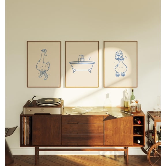 Retro Bath Duck Print Blue Bathroom Wall Art Set 3 Stretched Canvas 16x24
