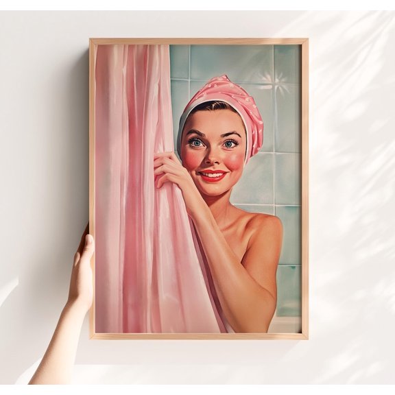 Retro Bath Time Housewife Pink Toilet Bathroom Wall Decor, Stretched Canvas 8x10in