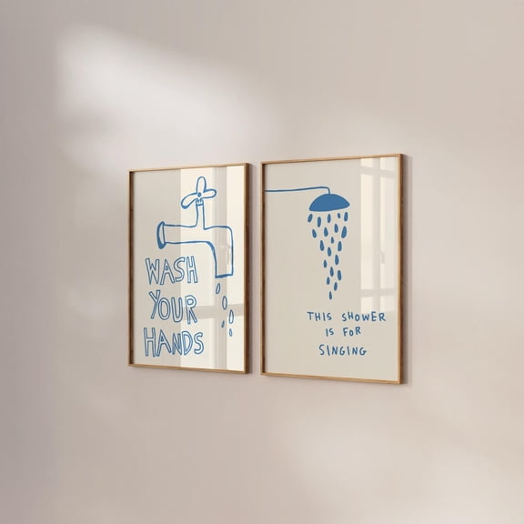Retro Bathroom Art Set Poster Wash Your Hands Singing In The Shower Decor Set 2