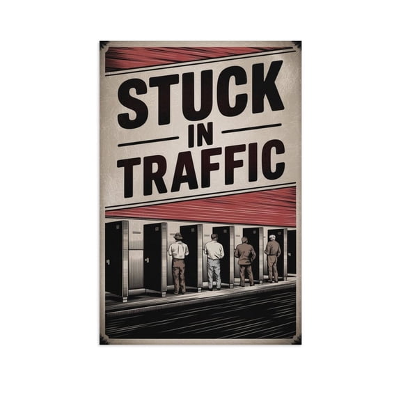 Retro Bathroom Poster Stuck in Traffic Funny Wall Art People Waiting Outside Stall Vintage Red And White Design Print Poster