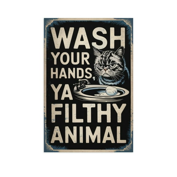 Retro Bathroom Poster with Grumpy Cat And Wash Your Hands Quote for Fun Toilet Decor Canvas Poster