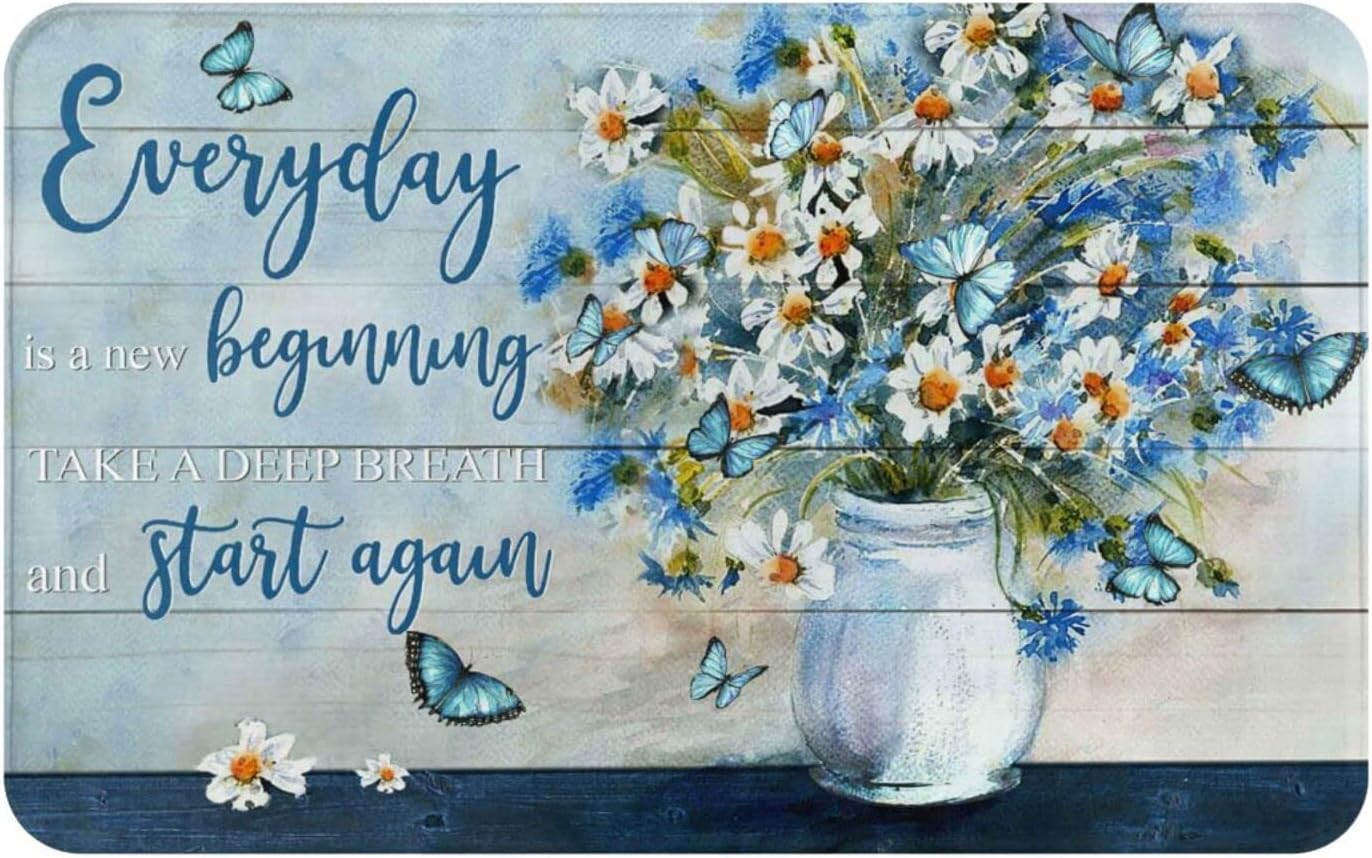 Retro Bathroom Rugs Blue Flora Butterfly Non Slip Bath Rug Mat Shower