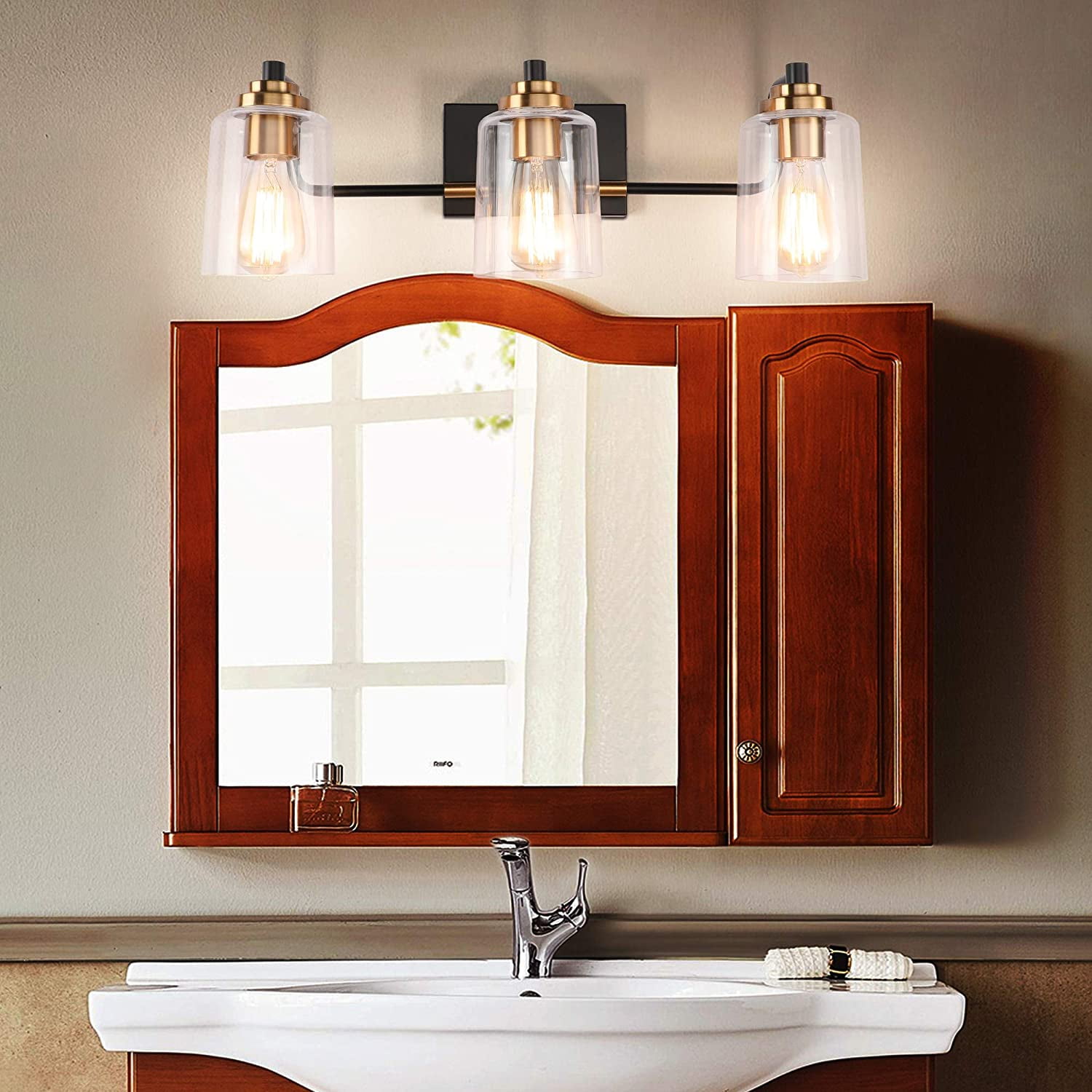 Retro Bathroom Vanity,3-Light Industrial Matte Black and Gold Mirror ...