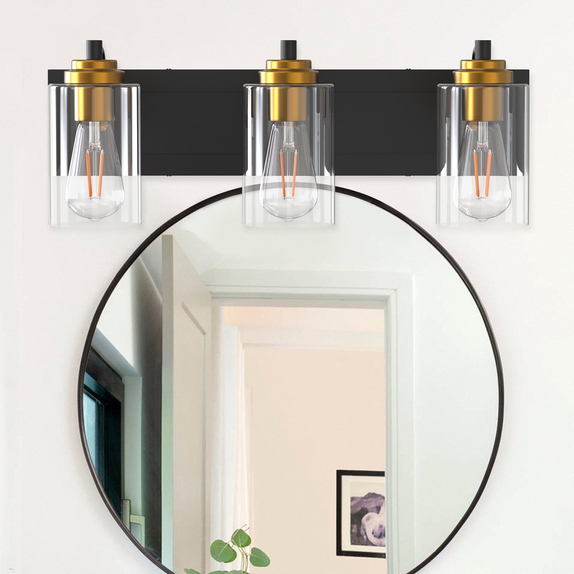 Retro Bathroom Vanity,3-Light Industrial Matte Black and Gold Mirror ...