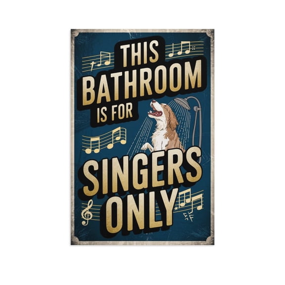Retro Bathroom Wall Poster with Dog Singing in Shower And Music Notes for Singers Only Bathroom Decor Print Poster
