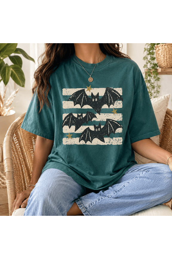 Retro Bats Halloween T-Shirt, Vintage Bat Graphic Comfort Colors Shirt, Spooky Fall Outfit - Blue Spruce, L