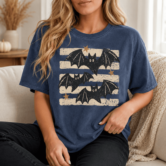 Retro Bats Halloween T-Shirt, Vintage Bat Graphic Comfort Colors Shirt, Spooky Fall Outfit - Denim, S