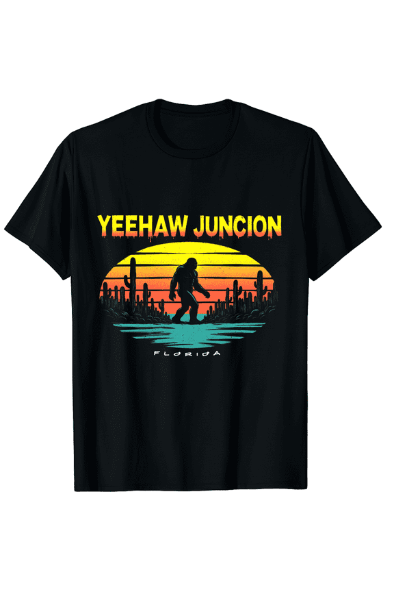 Retro Bayou Yeehaw Junction, Florida Bigfoot Souvenir Graphic Black T-Shirt for Men and Women