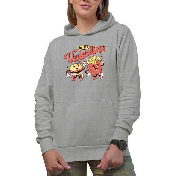 Retro Be My Valentine with Burger & Fries, Valentine's Day Gift, Heather Grey Hooded Sweatshirt or Hoodie, XL