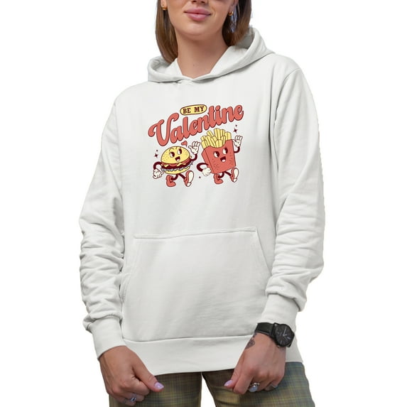 Retro Be My Valentine with Burger & Fries, Valentine's Day Gift, White Hooded Sweatshirt or Hoodie, Small